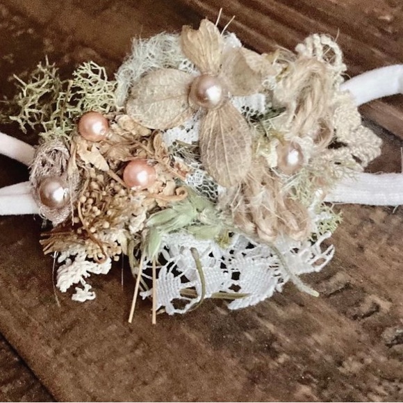 Bohemian Floral Headpiece - Burnt Orange & Cream Organic with Lace & Pearls - Picture 6 of 7